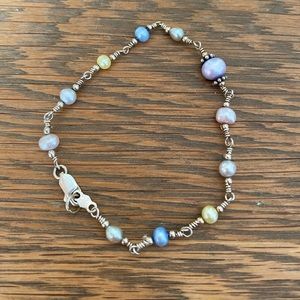 Boho Sterling Silver freshwater pearl beaded blue, pink purple bracelet 7.5”